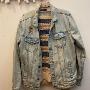 Distressed Denim Jacket and cozy striped sweater